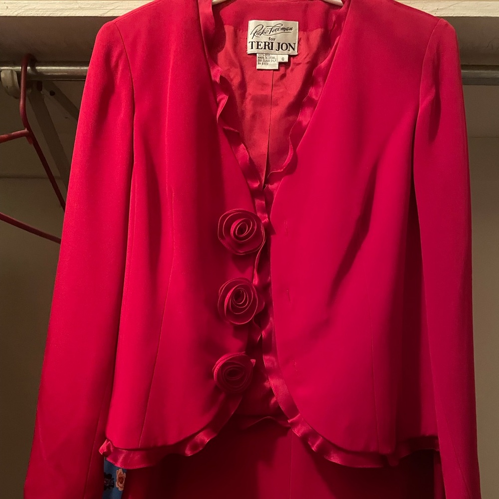 Rickie Creeman for Teri Jon red silk suit